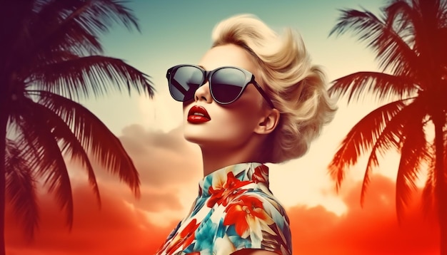 Fashionable woman with red lips wearing trendy sunglasses