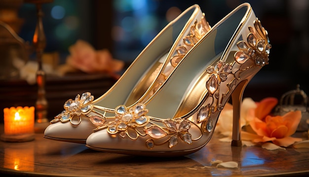 Fashionable women gold high heels add elegance and glamour generated by artificial intelligence