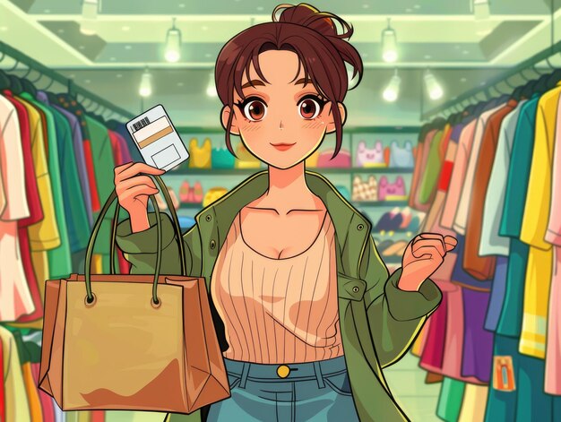 写真 ファッショナブルな女性がイラストのある服装店で買い物をする