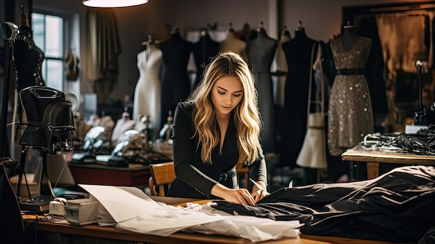 Fashionable women's clothing designer adjusts dress styles for customers in boutique