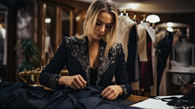 Fashionable women's clothing designer adjusts dress styles for customers in boutique