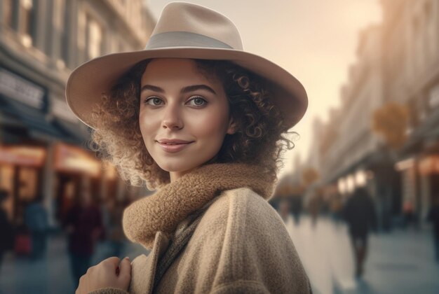 Fashionable young curly woman with hat posing on urban street Generate ai