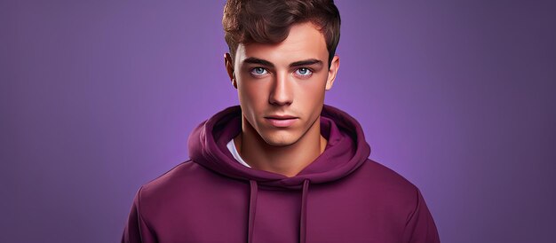Fashionable young man model with a red sweatshirt poses on a purple background with room for text Youthful style men s haircuts
