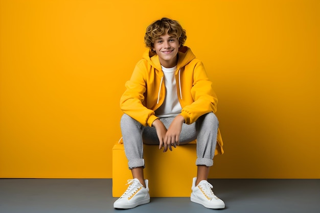 Fashionable young man posing in studio over yellow background copy space generative ai