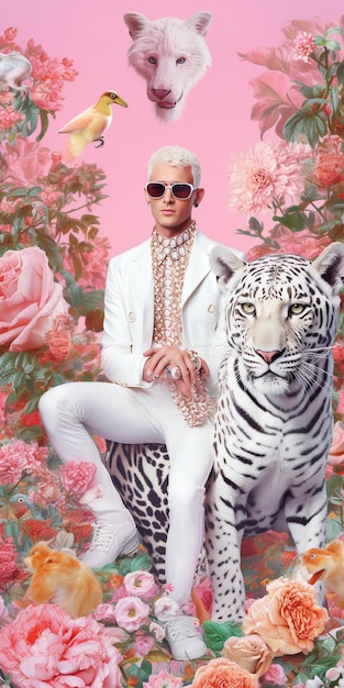 Fashionable young man in a white suit and sunglasses sits on a floral background with a tiger