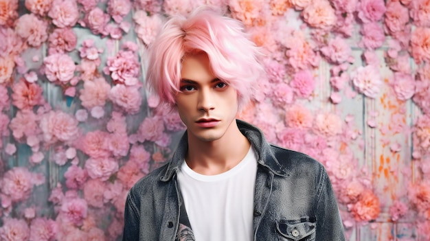 Fashionable young man with pink hair on a background of flowers