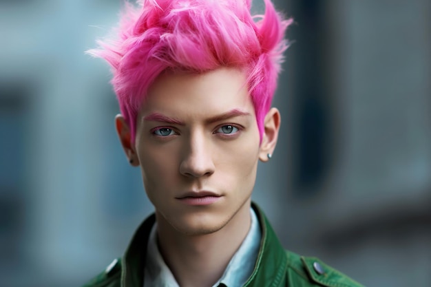 Fashionable young man with pink hair in the city Portrait of a fashionable guy