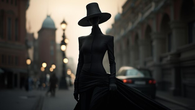 검은 드레스와 모자를 입은 유행의 젊은 여성이 야외에서 포즈를 취하고 있습니다.