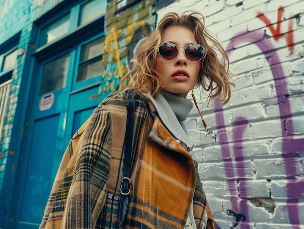 Fashionable young woman in sunglasses and a plaid coat on the background of a brick wall