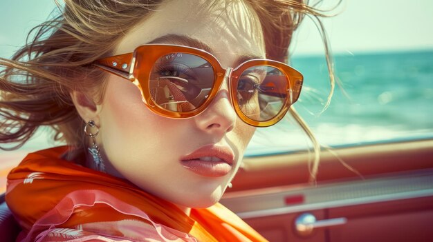 Photo fashionable young woman in sunglasses posing by classic car on sunny beachside