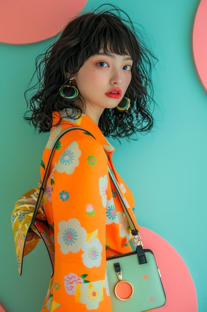 Fashionable young woman in vibrant orange floral dress posing with stylish bag on a pastel