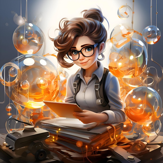 Fashionable young woman with books and glasses 3D rendering