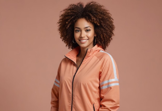 A fashionable young woman with curly hair wearing a sporty jacket looking confidently at the camera