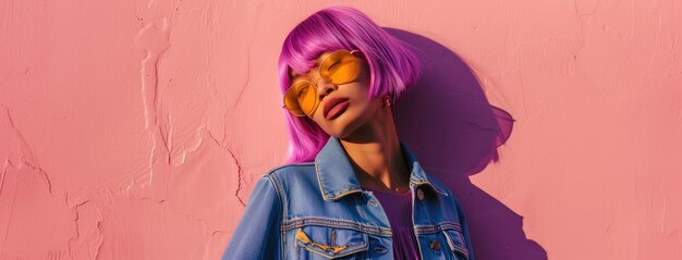 Photo fashionable young woman with purple hair and sunglasses