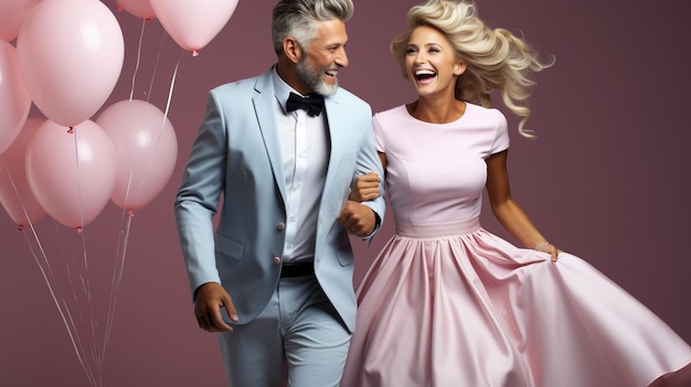 Fashionably Dressed Elderly Couple Embracing Joy with Balloons Generative AI