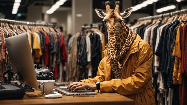 A fashionforward giraffe browsing online clothing stores on a desktop computer