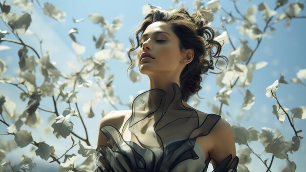 A fashionforward woman stands among a field of vibrant flowers