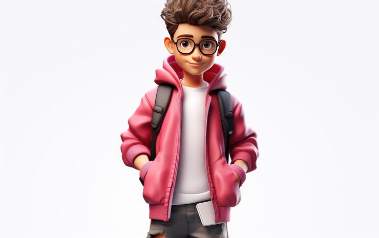 Fashionista Boy Wearing Glasses and Pink jacket 3D Character Isolated on White Background