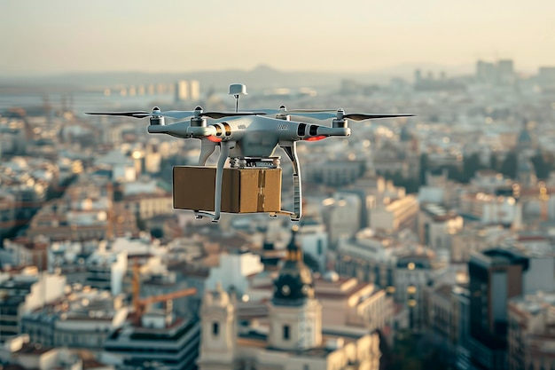 Fast air delivery by drones A delivery robot flies over the cityscape delivering box with a package