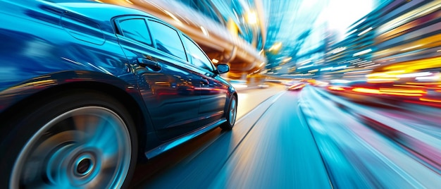 Photo a fast blue company vehicle navigating a sharp curve on the highway