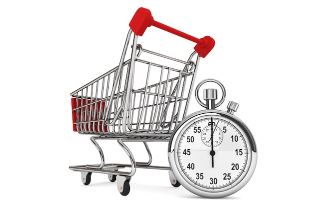 Fast Buying concept. Silver modern Stopwatch with Shopping Cart on a white background