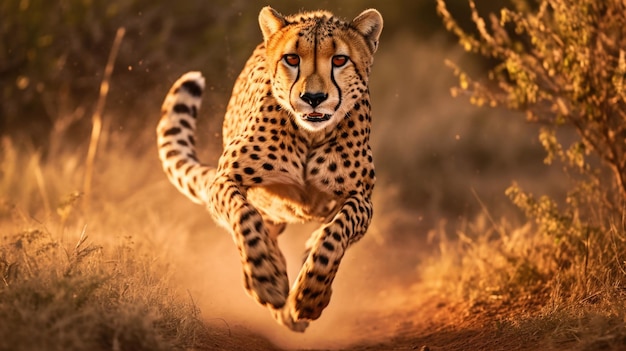 Fast cheetah with black dots runs in savanna on sunny day