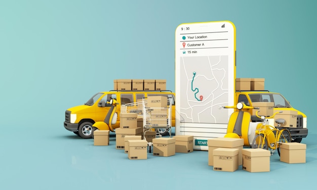 Fast delivery by scooter bike and van with mobile ecommerce
concept online food and shopping crate box order with route map
webpage app design yellow and blue background perspective 3d
render