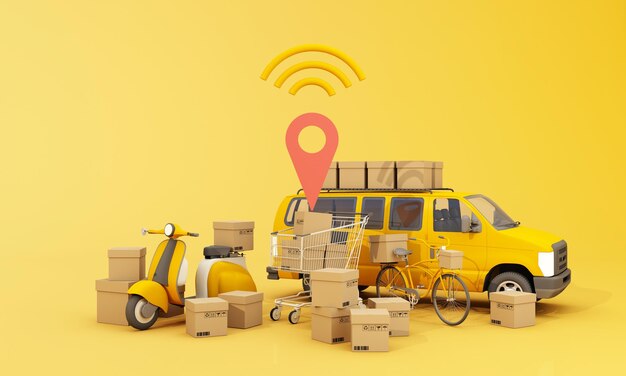 Fast delivery by scooter bike and van with mobile ecommerce\
concept online food and shopping crate box order with route map\
webpage app design yellow and white background perspective 3d\
render