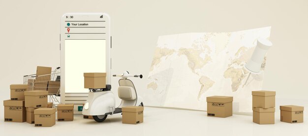 Fast delivery by scooter bike with mobile ecommerce concept
online food and shopping crate box order with route map webpage app
design white brown background panorama frame 3d render