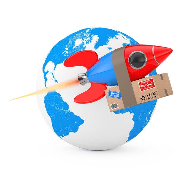 Photo fast delivery concept. funny rocket with parcel box in front of earth globe on a white background. 3d rendering