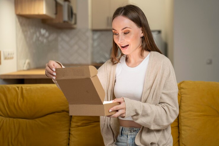 Photo fast delivery a happy woman has received a parcel unpacks a cardboard box sits at home on a yellow sofa a customer excited about her purchase in an online store