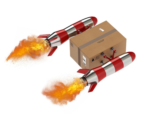 Photo fast delivery of a package by fast turbo rocket d rendering