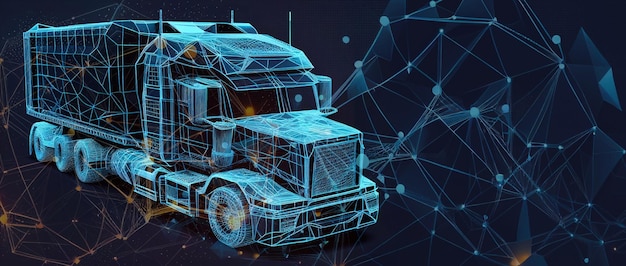 Fast delivery truck icon form lines and triangles, point connecting network on blue background. Illustration. Generative AI