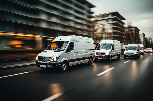 Fast delivery vans speeding through bustling urban city Logistics and distribution concept