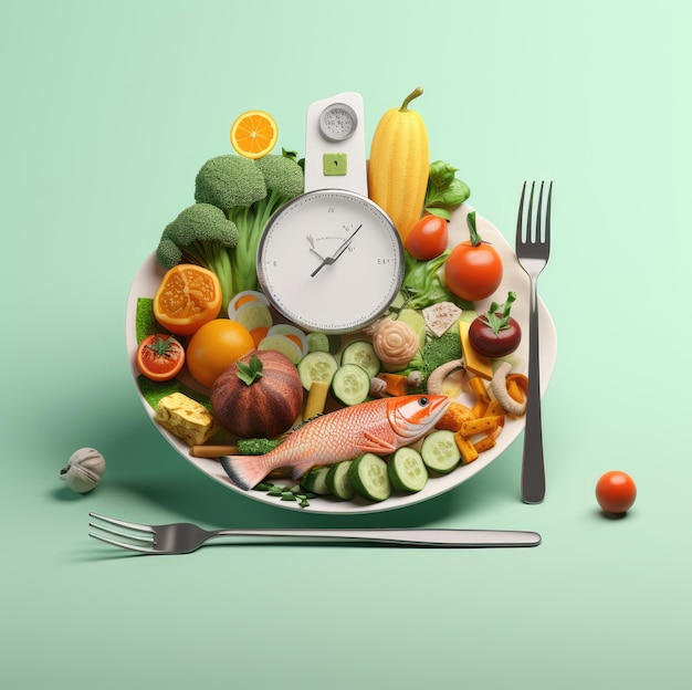 Fast diet concept Assortment of vegetables and fruits