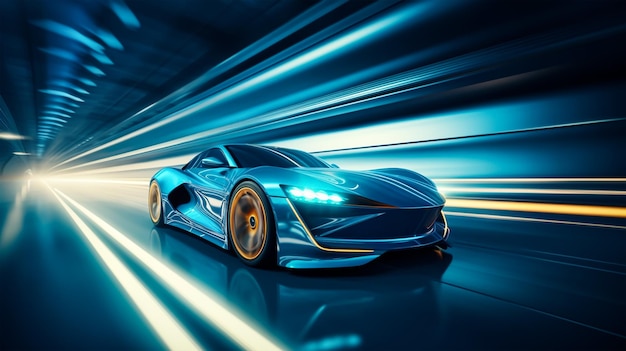 Fast drive blue luxury sport car moving high speed on the road race track with motion blur effect