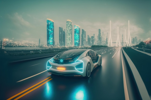 Fast electric car with futuristic autonomous sensor software driving on road