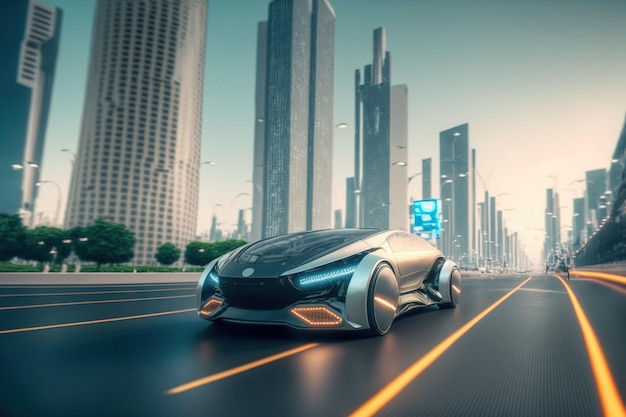 Fast electric car with futuristic autonomous sensor software driving on road