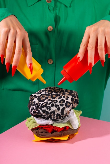 Foto concetto di fast fashion con materiali e tessuti travestiti da hamburger