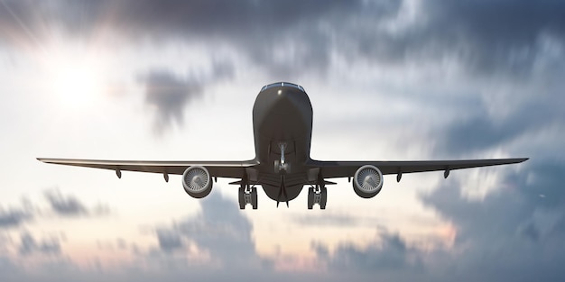 日没時に雲の上にオープンシャーシを備えた高速飛行飛行機