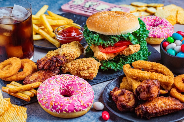 Assortimento di fast food. concetto di cibo spazzatura. cibo malsano per il cuore, i denti, la pelle, la figura.