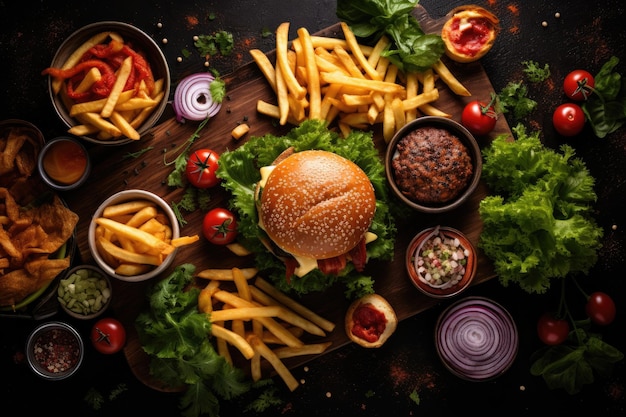 Fast food background Top view of delicious cheeseburgers with french fries and fresh vegetables