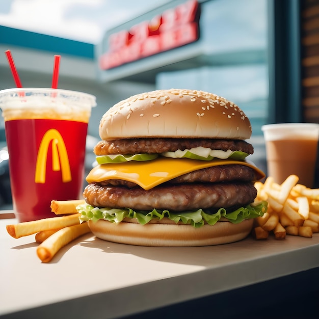 fast food burger fries and drink