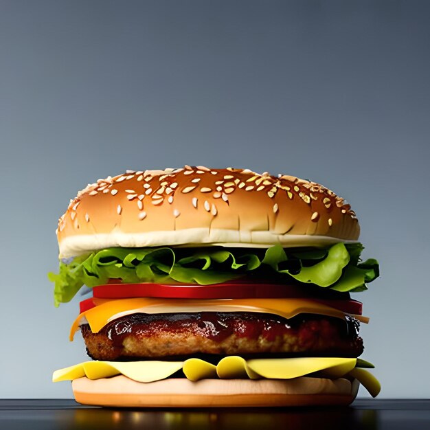 Photo fast food burger pictures a large hamburger with cheese lettuce and tomato on it