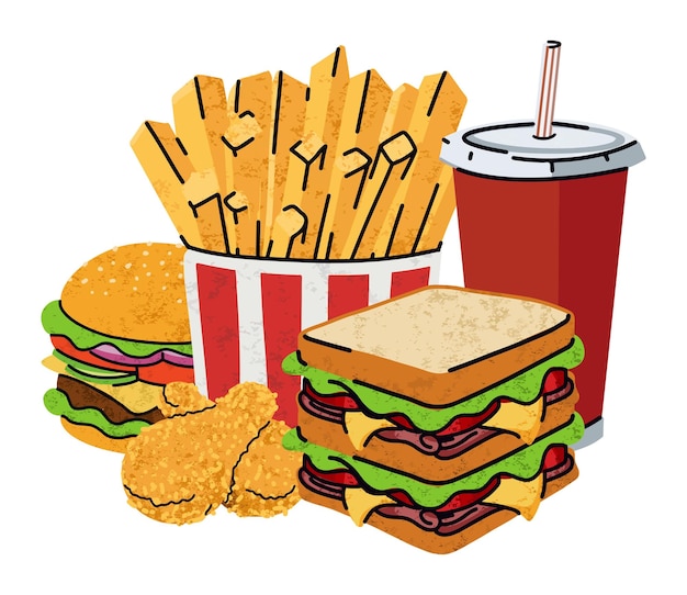 fast food cartoon icons set simple flat style street high calorie food illustration