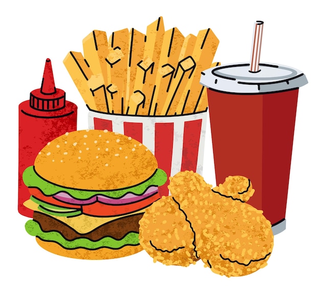 fast food cartoon icons set simple flat style street high calorie food illustration