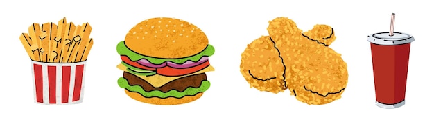 fast food cartoon icons set simple flat style street high calorie food illustration