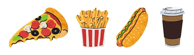 fast food cartoon icons set simple flat style street high calorie food illustration