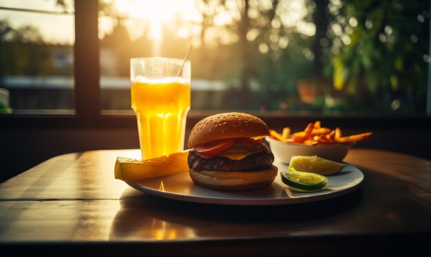 テーブルの上のファーストフードとコーラの飲み物 バーガーとポテトを使ったファーストフードのメニュー ジェネレーティブ AI