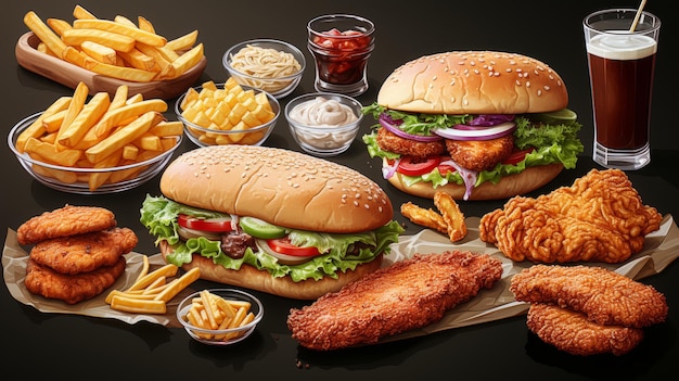 Fast food collection set on white background Fried chicken fries pizza sandwich chicken nuggets eggs and bacon shawarma prawns Junk food of fast food set Closeup of fast foods